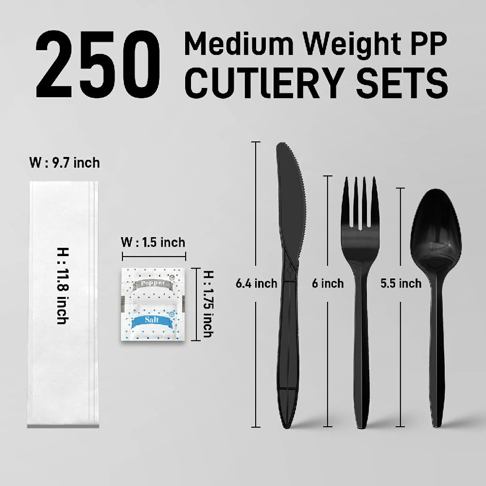 Medium Weight Black Plastic Cutlery Set with Napkin and Salt and Pepper Packets - 250 Sets/Case